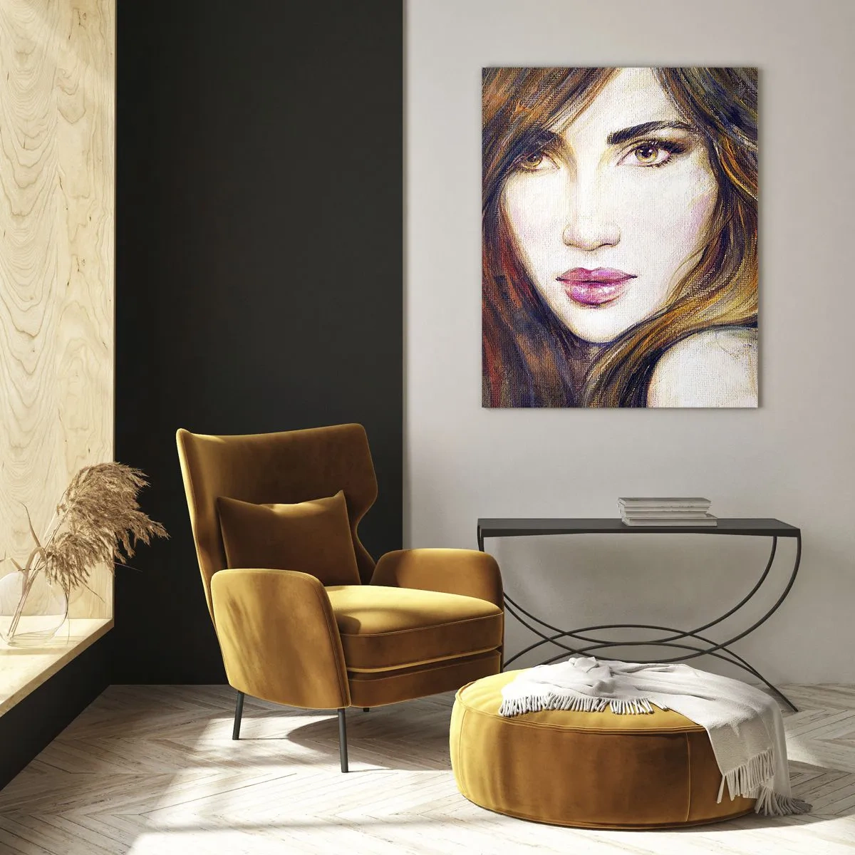 Glasbild - Bild auf glas - Porträt einer Frau in warmen, künstlerischen Farben - 50x70cm - Einen Penny für deine Gedanken - Moderne Wanddekoration für Wohnzimmer und Schlafzimmer ARTTOR
