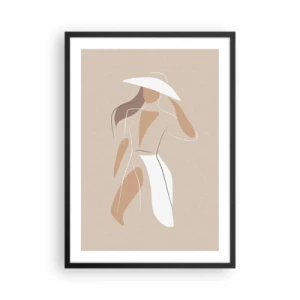 Poster in einem schwarzem Rahmen - Eine minimalistische Silhouette einer Frau mit Hut auf beigem Hintergrund. - 50x70cm - Mode macht Spaß - Moderne Wanddekoration für Wohnzimmer und Schlafzimmer ARTTOR