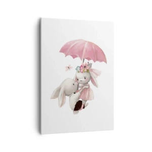Bild auf Leinwand - Leinwandbild - Süße Häschen unter einem rosa Regenschirm - 50x70cm - Das ist eben Liebe - Moderne Wanddekoration für Wohnzimmer und Schlafzimmer ARTTOR