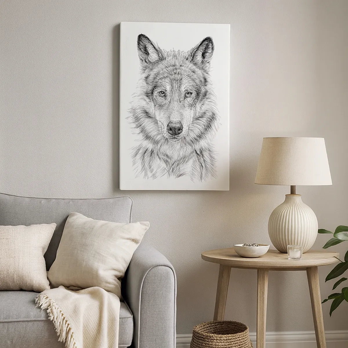 Bild auf Leinwand - Leinwandbild - Skizze eines Wolfskopfes im monochromen Stil auf weißem Hintergrund - 50x70cm - Ein geborener Anführer - Moderne Wanddekoration für Wohnzimmer und Schlafzimmer ARTTOR