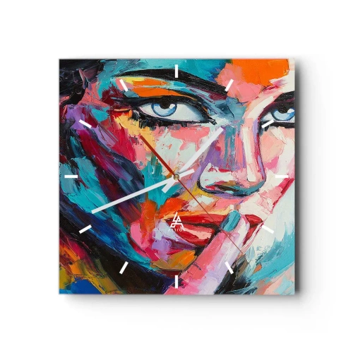 Wanduhr - Glasuhr - Farbenfrohes Porträt einer Frau im abstrakten Stil - 30x30cm - Unser erstes Geheimnis - Moderne Wanddekoration für Wohnzimmer und Schlafzimmer ARTTOR