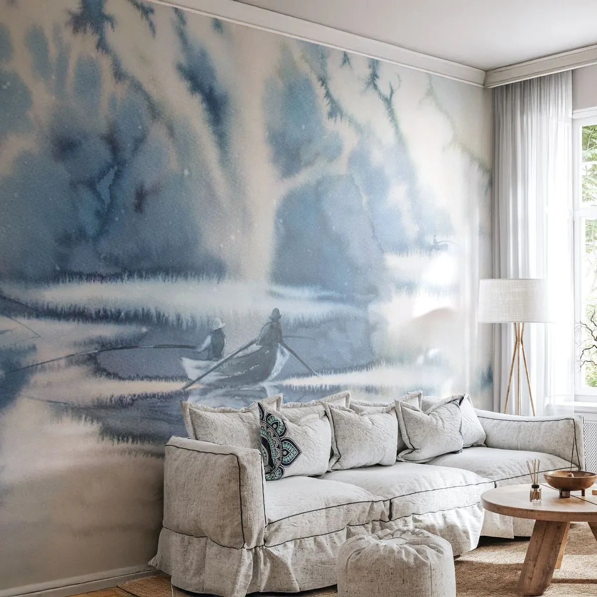 Fototapete Standard Eco - Aquarellszene von Fischern auf einem ruhigen See - 100x70cm - Angler in ihrem Paradies - Moderne Wanddekoration für Wohnzimmer und Schlafzimmer ARTTOR