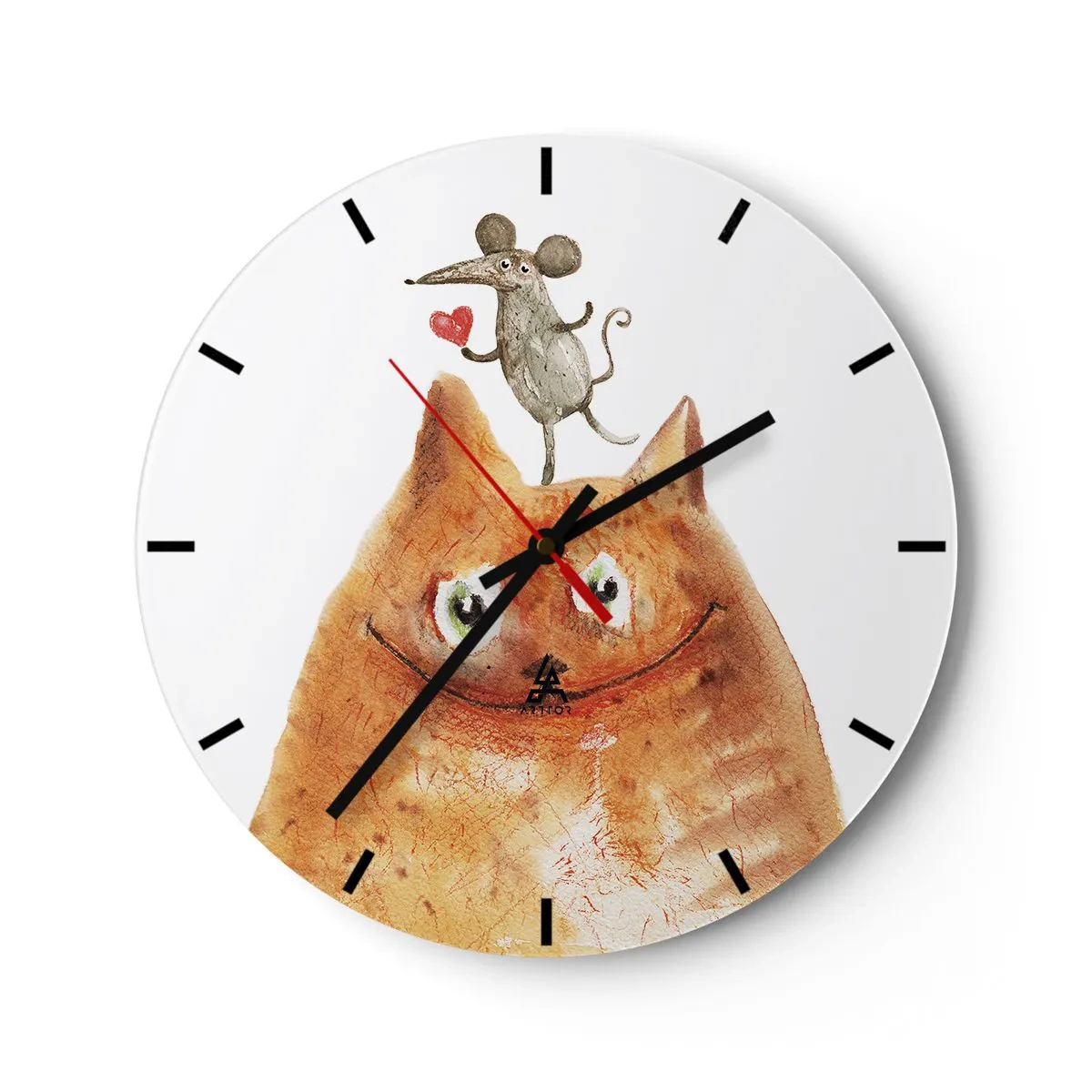 Wanduhr - Glasuhr - Illustration einer Katze und einer Maus mit einem Herz im humorvollen Stil - 30x30cm - Paradoxien der Liebe - Moderne Wanddekoration für Wohnzimmer, Küche und Schlafzimmer ARTTOR