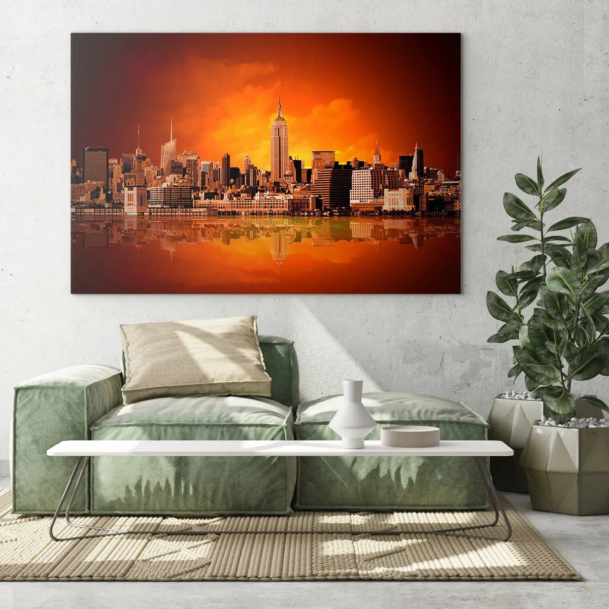Glasbild - Bild auf glas - Panorama der Stadt bei Sonnenuntergang - 120x80cm - Das Großstadtpanorama in Gelb und Bronze - Moderne Wanddekoration für Wohnzimmer und Schlafzimmer ARTTOR
