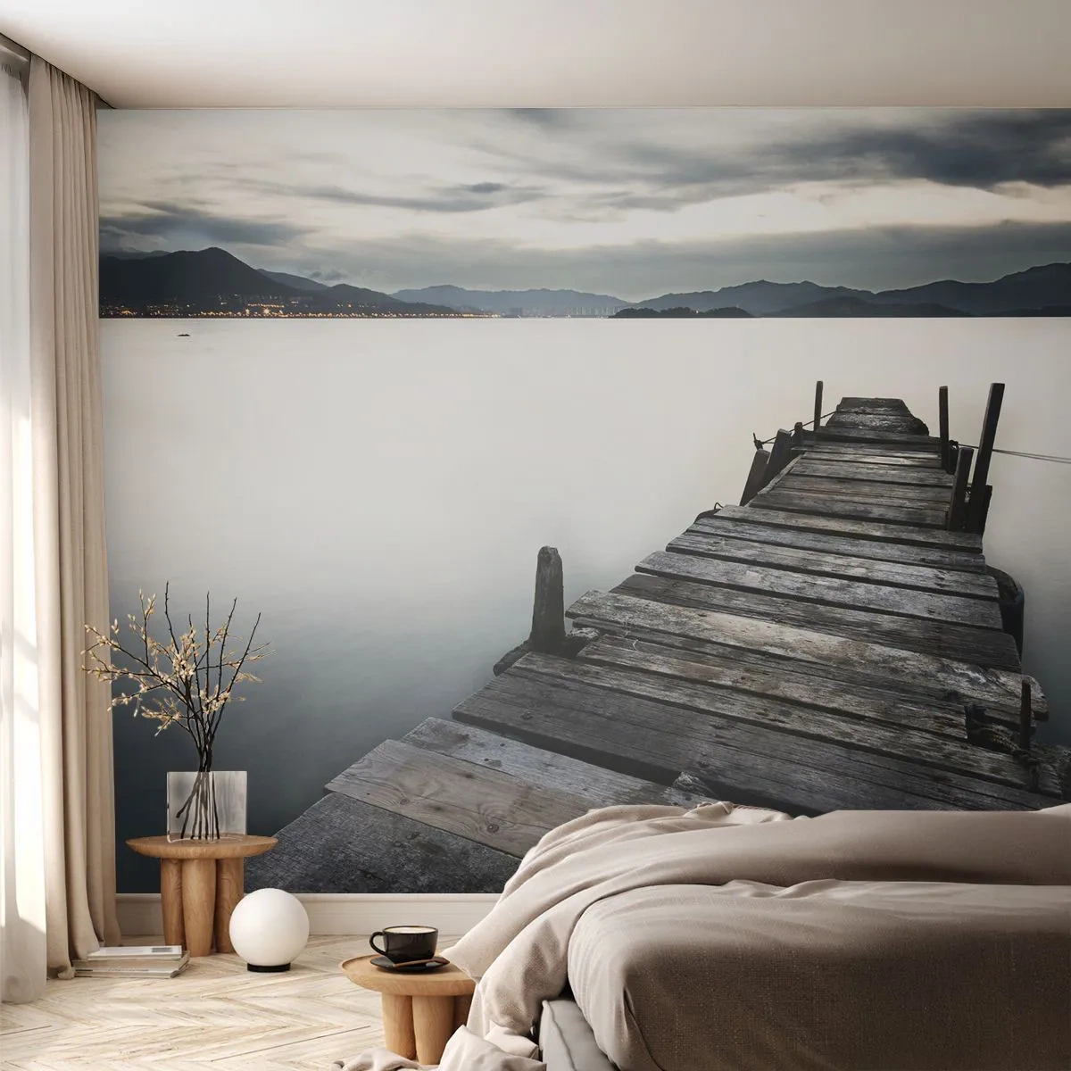Selbstklebende Fototapete Deluxe Sticker - Tauchen Sie ein in Ruhe - Landschaft, See, Holzbrücke - 150x105 cm