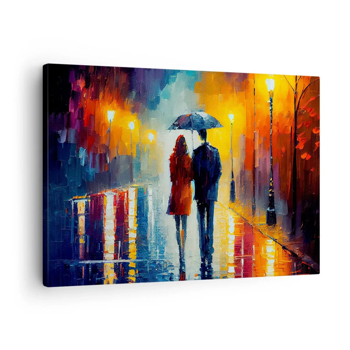 Bild auf Leinwand - Leinwandbild - Ein Paar unter einem Regenschirm, das durch eine farbenfrohe Nachtstadt spaziert - 70x50cm - Gemeinsam – eine bunte Nacht - Moderne Wanddekoration für Wohnzimmer und Schlafzimmer ARTTOR