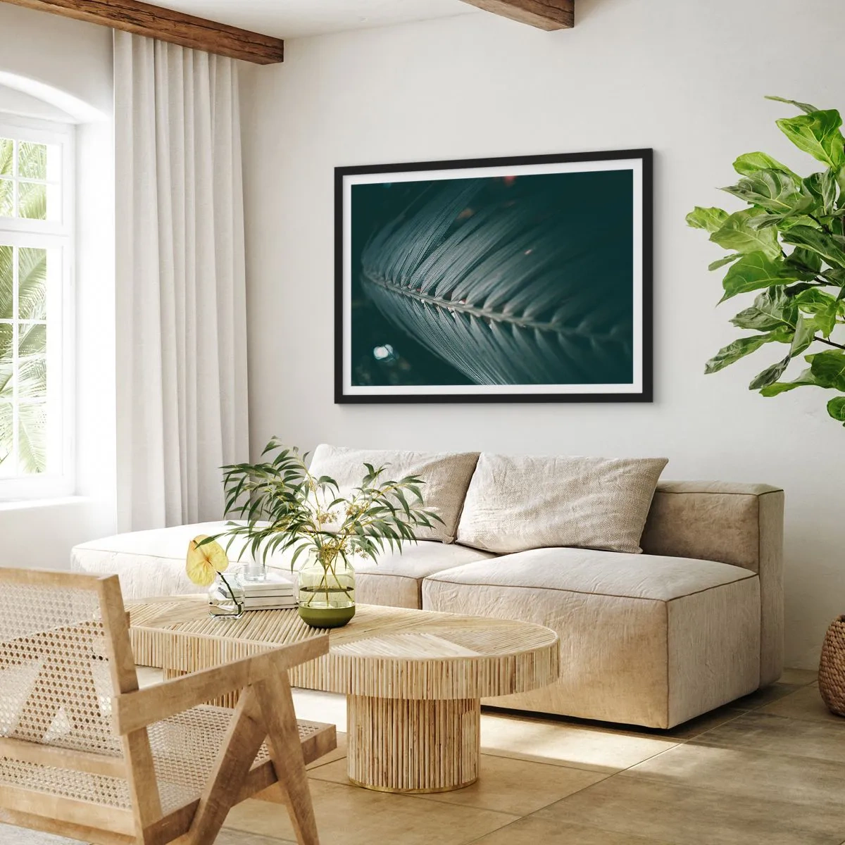 Poster in einem schwarzem Rahmen - Nahaufnahme eines dunkel getönten Palmblattdetails - 70x50cm - Die Präzision der Natur - Moderne Wanddekoration für Wohnzimmer und Schlafzimmer ARTTOR