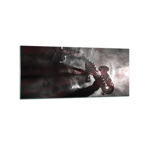 Glasbild - Bild auf glas - Saxophonist im Rauch auf der Bühne in stimmungsvollem Schwarz und Rot - 120x50cm - In den Dämpfen des Jazz - Moderne Wanddekoration für Wohnzimmer und Schlafzimmer ARTTOR