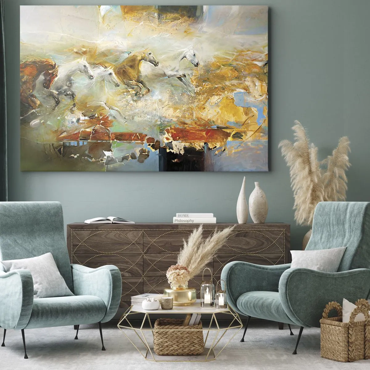 Bild auf Leinwand - Leinwandbild - Künstlerische Pferde in einer dynamischen, farbenfrohen Umgebung - 70x50cm - Im Galopp durch das Licht - Moderne Wanddekoration für Wohnzimmer und Schlafzimmer ARTTOR