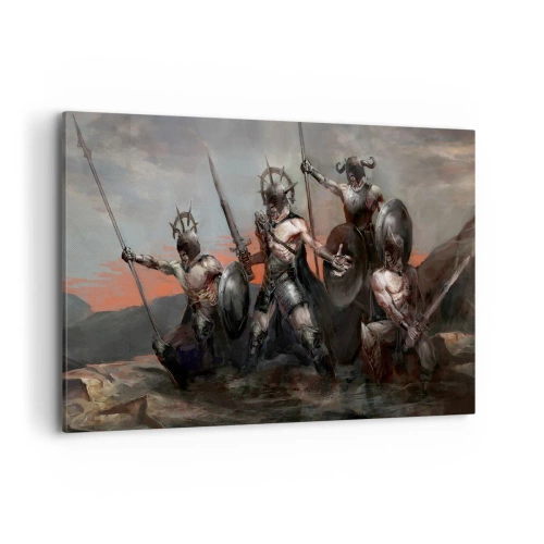 Bild auf Leinwand - Leinwandbild - Eine Gruppe von Kriegern in Rüstung mit Speeren vor dem Hintergrund des Sonnenuntergangs - 120x80cm - Mit oder auf einem Schild - Moderne Wanddekoration für Wohnzimmer und Schlafzimmer ARTTOR
