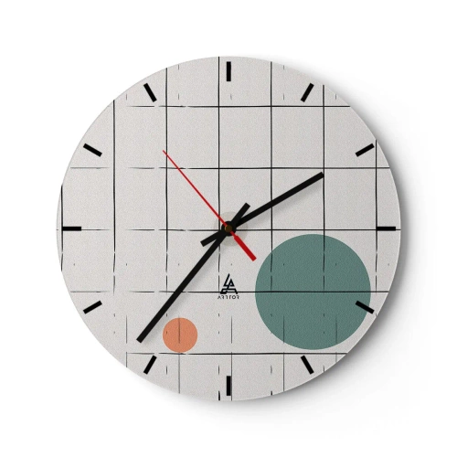 Wanduhr - Glasuhr - Ein Raster aus Vertikalen und Horizontalen mit farbigen Kreisen auf dem Hintergrund - 30x30cm - Gefangen. Wir oder sie? - Moderne Wanddekoration für Wohnzimmer, Küche und Schlafzimmer ARTTOR