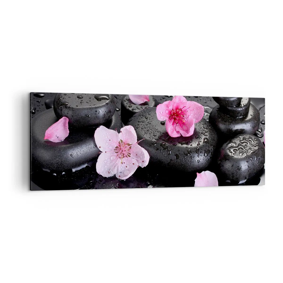 Bild auf Leinwand - Leinwandbild - Schwarze Steine und rosa Blumen im Spa-Stil - 140x50cm - Und der Stein fällt vom Herzen - Moderne Wanddekoration für Wohnzimmer und Schlafzimmer ARTTOR