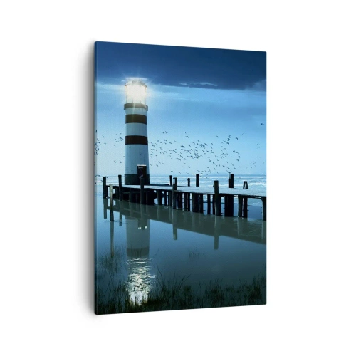 Bild auf Leinwand - Leinwandbild - Der Leuchtturm am Pier beleuchtet in der Nacht - 50x70cm - Und du hast keine Angst vor der Dunkelheit - Moderne Wanddekoration für Wohnzimmer und Schlafzimmer ARTTOR