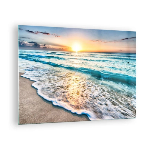 Glasbild - Bild auf glas - Strand am Morgen mit Wellen und Sonnenaufgang - 70x50cm - Ein Blick lohnt sich - Moderne Wanddekoration für Wohnzimmer und Schlafzimmer ARTTOR