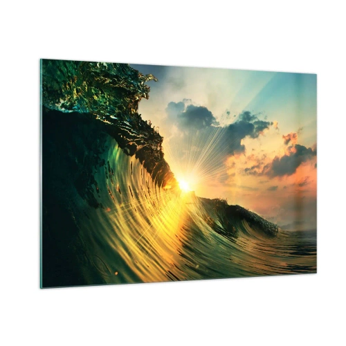 Glasbild - Bild auf glas - Die untergehende Sonne beleuchtet die Meereswellen - 100x70cm - Surfer, wo bist du? - Moderne Wanddekoration für Wohnzimmer und Schlafzimmer ARTTOR