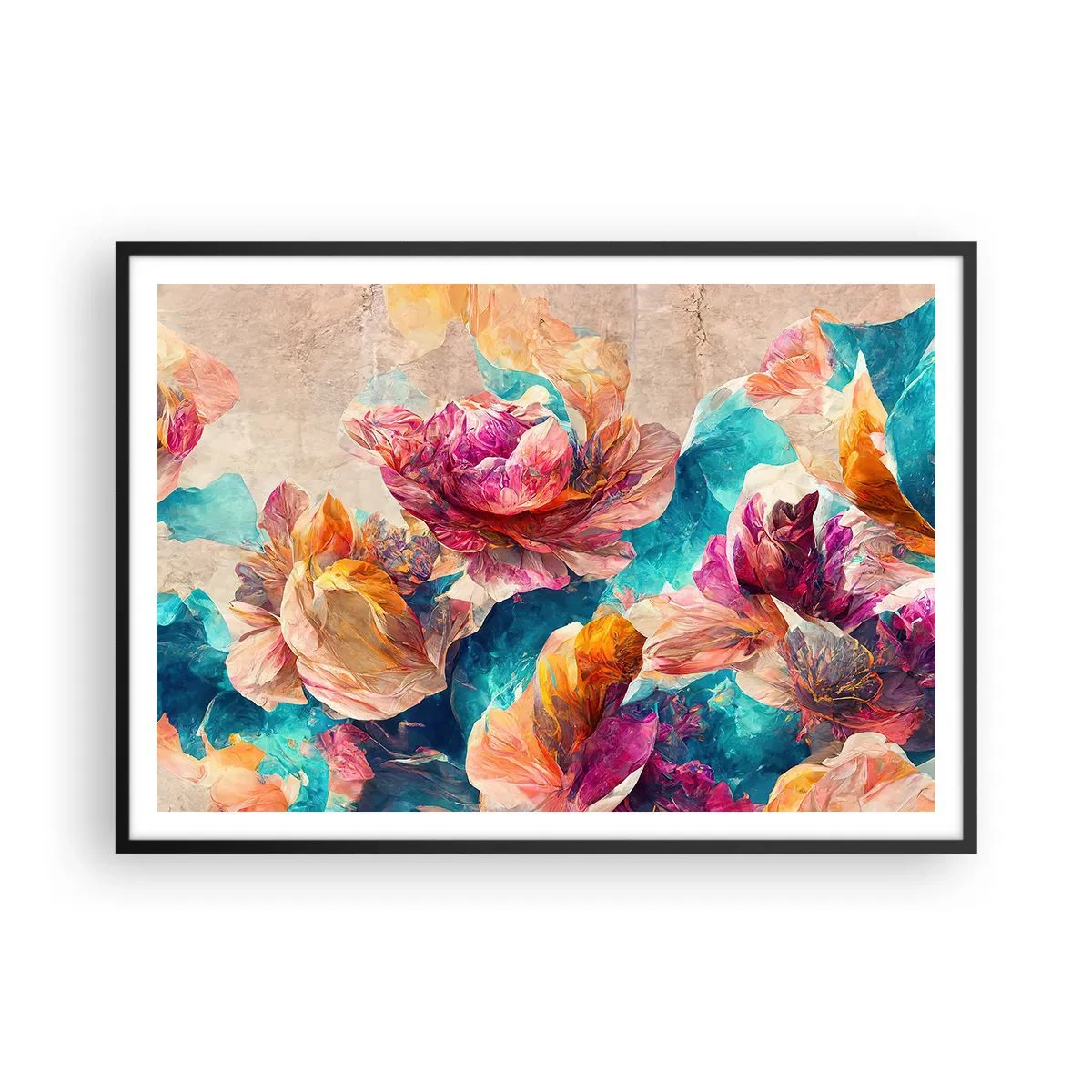 Poster in einem schwarzem Rahmen - Bunte Blumen auf beigem Hintergrund - 100x70cm - Farbenpracht des Straußes - Moderne Wanddekoration für Wohnzimmer und Schlafzimmer ARTTOR