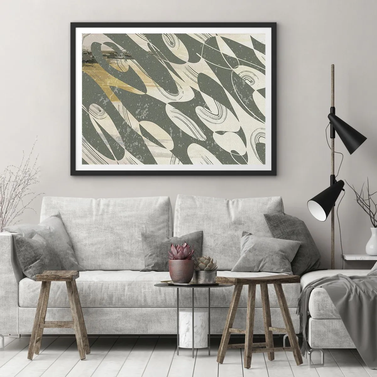 Poster in einem schwarzem Rahmen - Dynamische Formen in Grün- und Goldtönen - 70x50cm - Rhythmische Abstraktion - Moderne Wanddekoration für Wohnzimmer und Schlafzimmer ARTTOR