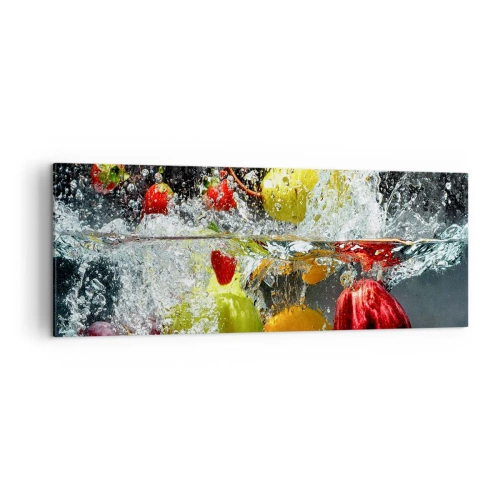 Bild auf Leinwand - Leinwandbild - Bunte Früchte im Wasser bei dynamischer Immersion - 140x50cm - Fruchterfrischung - Moderne Wanddekoration für Wohnzimmer und Schlafzimmer ARTTOR