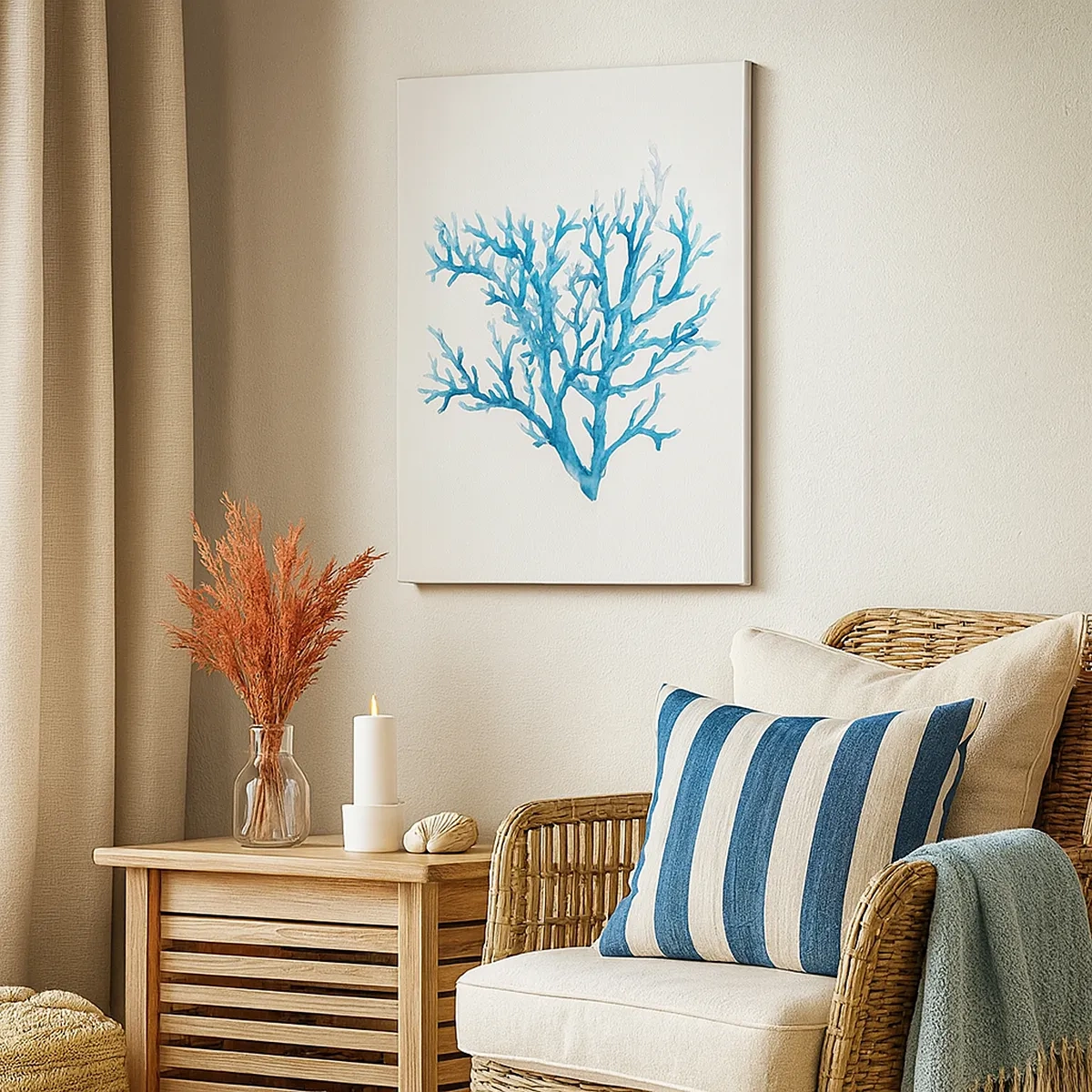 Bild auf Leinwand - Leinwandbild - Blaue Koralle auf weißem Hintergrund mit minimalistischem Flair - 50x70cm - Nautisches Filigran - Moderne Wanddekoration für Wohnzimmer und Schlafzimmer ARTTOR