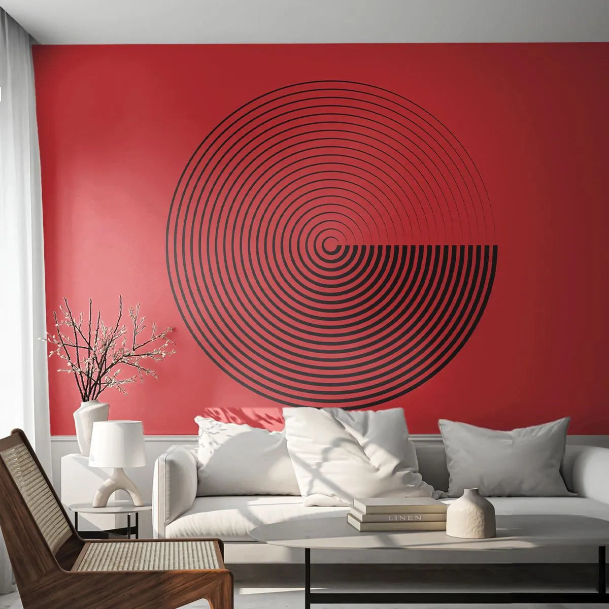 Fototapete Premium Sand - Eine schwarze Spirale auf rotem Grund in Form eines Kreises - 100x70cm - Kreisbewegung - Moderne Wanddekoration für Wohnzimmer und Schlafzimmer ARTTOR