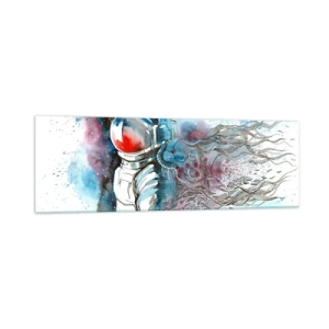 Glasbild - Bild auf glas - Ein Kosmonaut in einem dynamischen Aquarell mit kosmischen Details - 160x50cm - Allein mit Platz - Moderne Wanddekoration für Wohnzimmer und Schlafzimmer ARTTOR