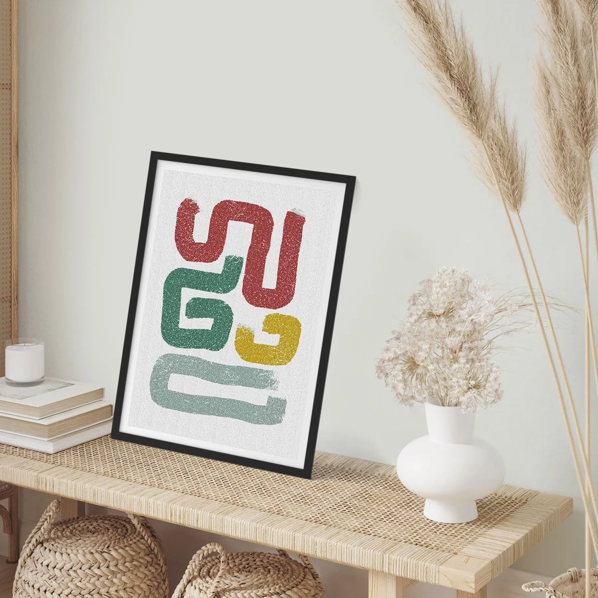 Poster in einem schwarzem Rahmen - Abstrakte Formen in Erdtönen auf hellem Hintergrund - 50x70cm - In einer unbekannten Sprache - Moderne Wanddekoration für Wohnzimmer und Schlafzimmer ARTTOR