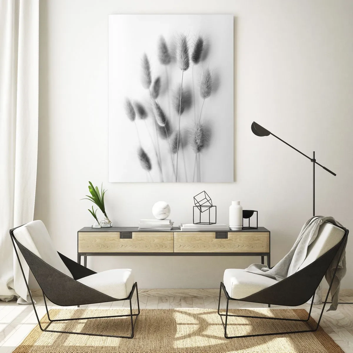 Glasbild - Bild auf glas - Schwarz-weiße Grasähren auf hellem Hintergrund im minimalistischen Stil - 50x70cm - Eure flauschige Grashoheit - Moderne Wanddekoration für Wohnzimmer und Schlafzimmer ARTTOR