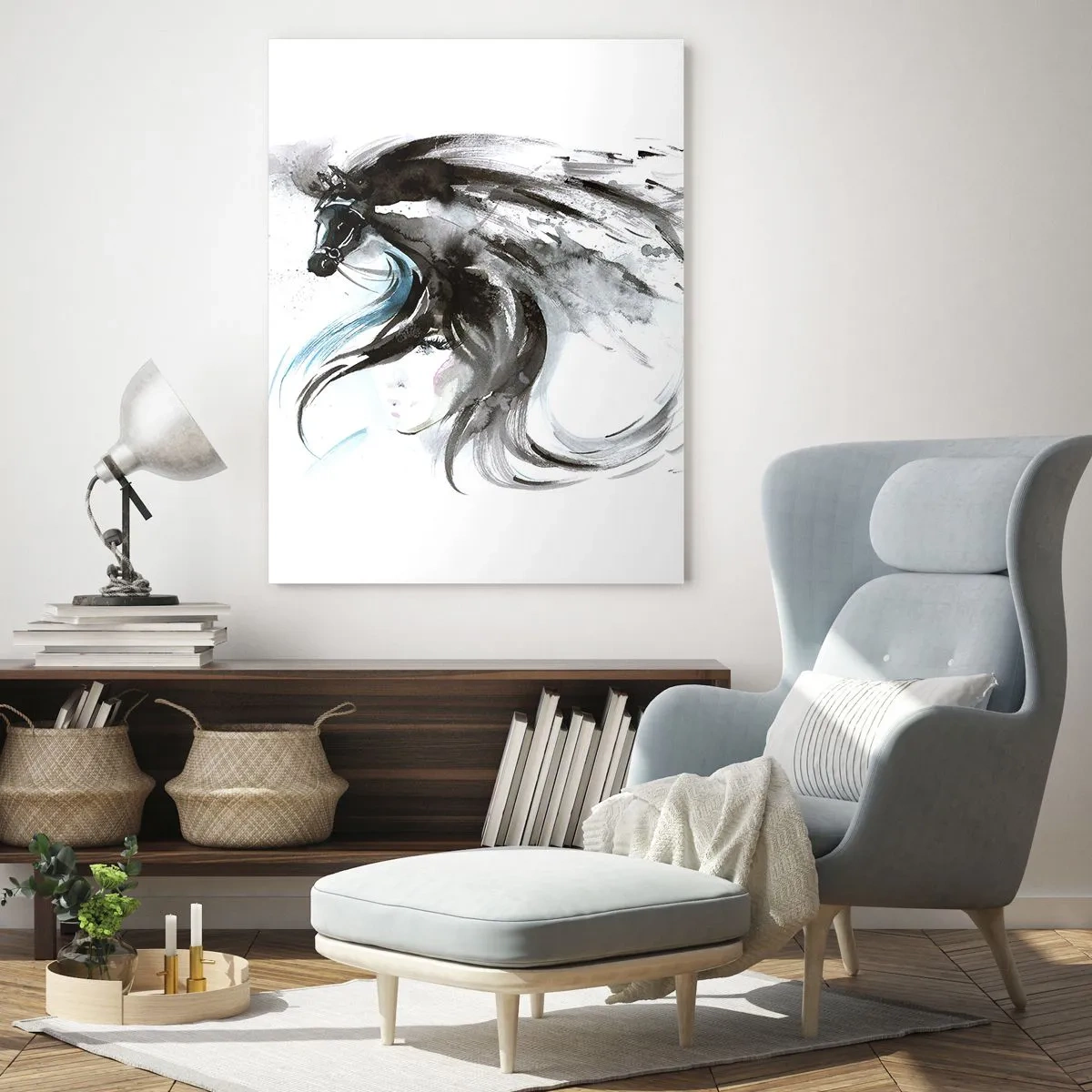 Glasbild - Bild auf glas - Porträt einer Frau und eines Pferdes in einer künstlerischen, dynamischen Komposition - 50x70cm - Schwarzer Prinz Galopp - Moderne Wanddekoration für Wohnzimmer und Schlafzimmer ARTTOR