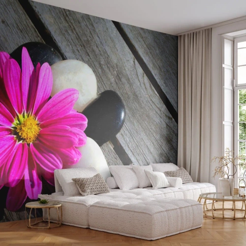 Selbstklebende Fototapete Deluxe Sticker - Ruhe auf dem Pier - Blume, Steine, Holzbrücke - 200x140 cm