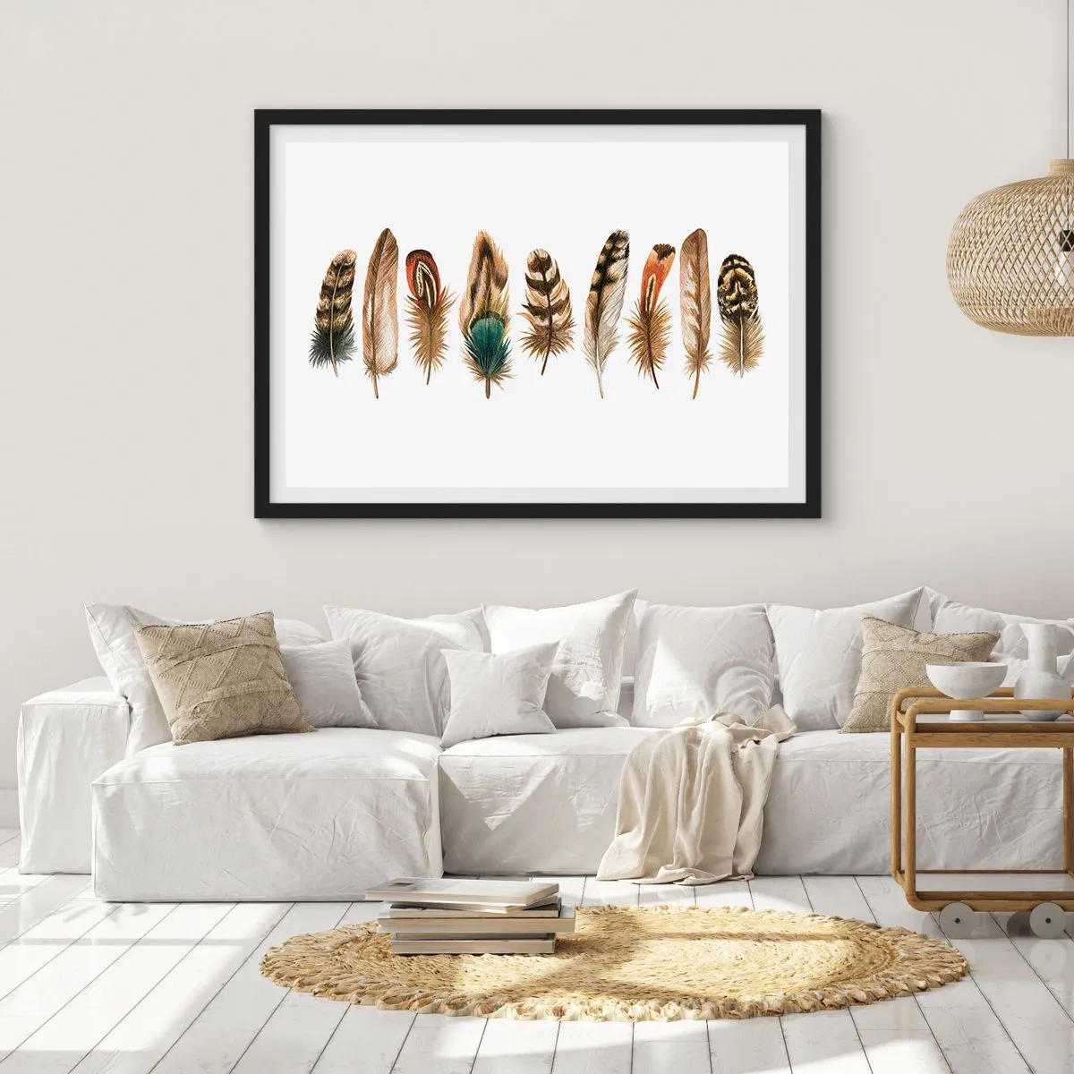 Poster in einem schwarzem Rahmen - Dekoratives Motiv einer Sammlung verschiedener Federn - 70x50cm - Eine federleichte Variante - Moderne Wanddekoration für Wohnzimmer und Schlafzimmer ARTTOR