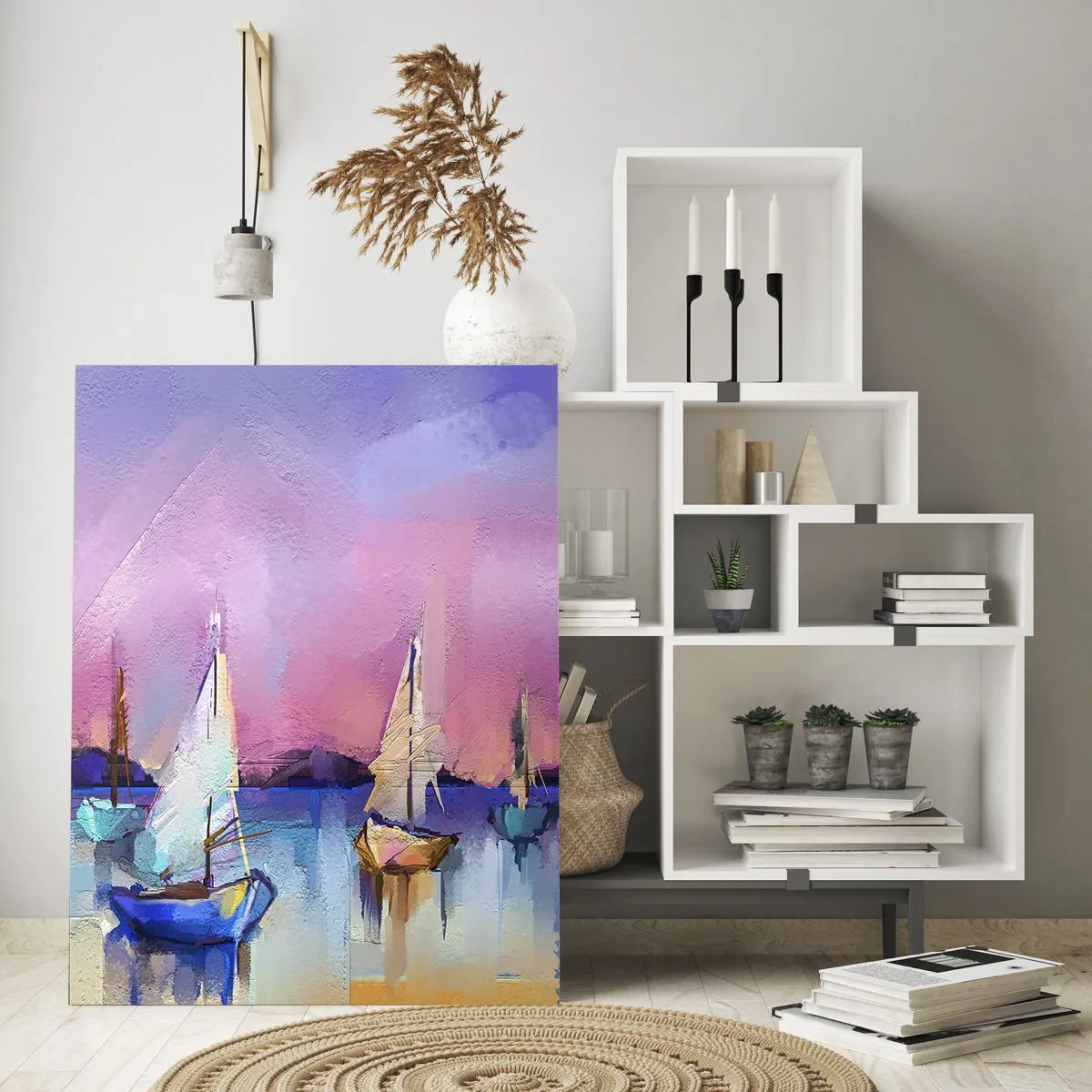 Glasbild - Bild auf glas - Segelboote auf ruhigem Meer in den Pastellfarben des Sonnenuntergangs - 70x100cm - Richtung: breites Wasser - Moderne Wanddekoration für Wohnzimmer und Schlafzimmer ARTTOR