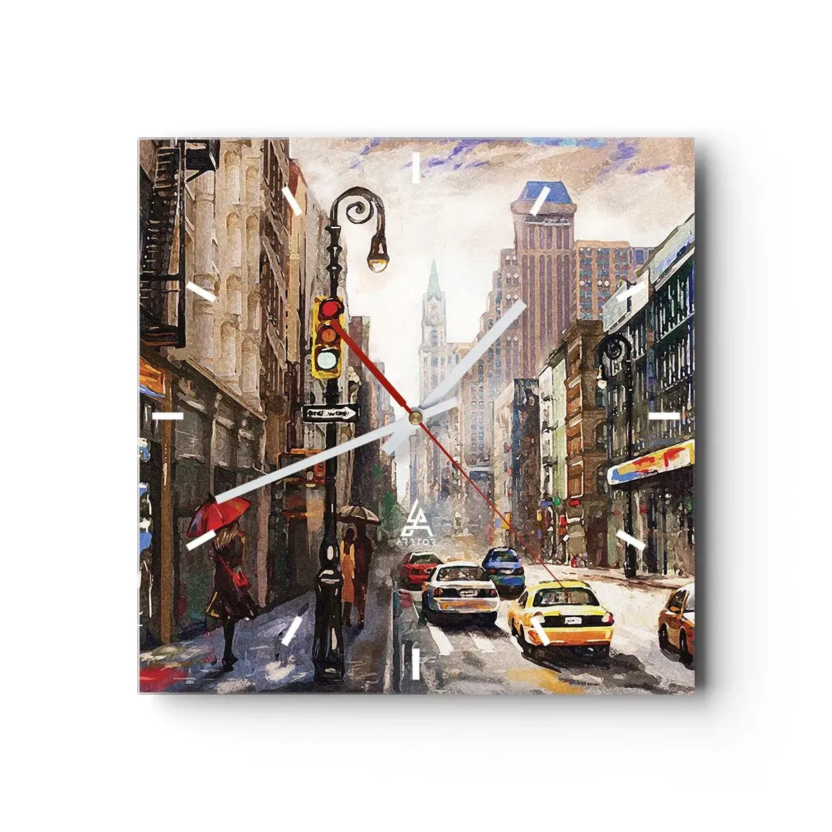 Wanduhr - Glasuhr - Stadtbild mit einer Straße und gelben Taxis - 30x30cm - New York - auch im Regen bunt - Moderne Wanddekoration für Wohnzimmer und Schlafzimmer ARTTOR