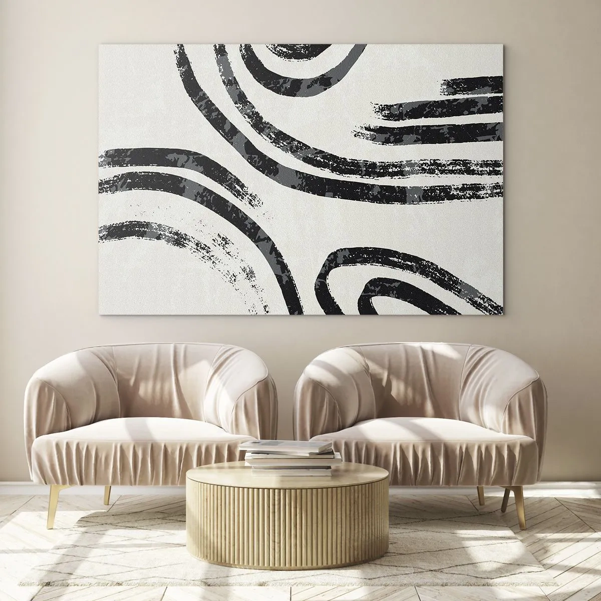 Glasbild - Bild auf glas - Schwarze halbkreisförmige Linien in minimalistischer Abstraktion auf hellem Hintergrund - 120x80cm - Bei Hälfte angehalten - Moderne Wanddekoration für Wohnzimmer und Schlafzimmer ARTTOR