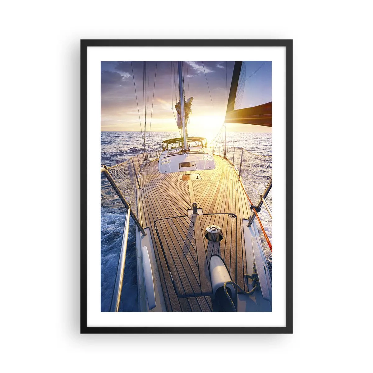 Poster in einem schwarzem Rahmen - Yachtdeck mit Blick auf das Meer und den Sonnenuntergang - 50x70cm - Laufen unter den Wellen - Moderne Wanddekoration für Wohnzimmer und Schlafzimmer ARTTOR
