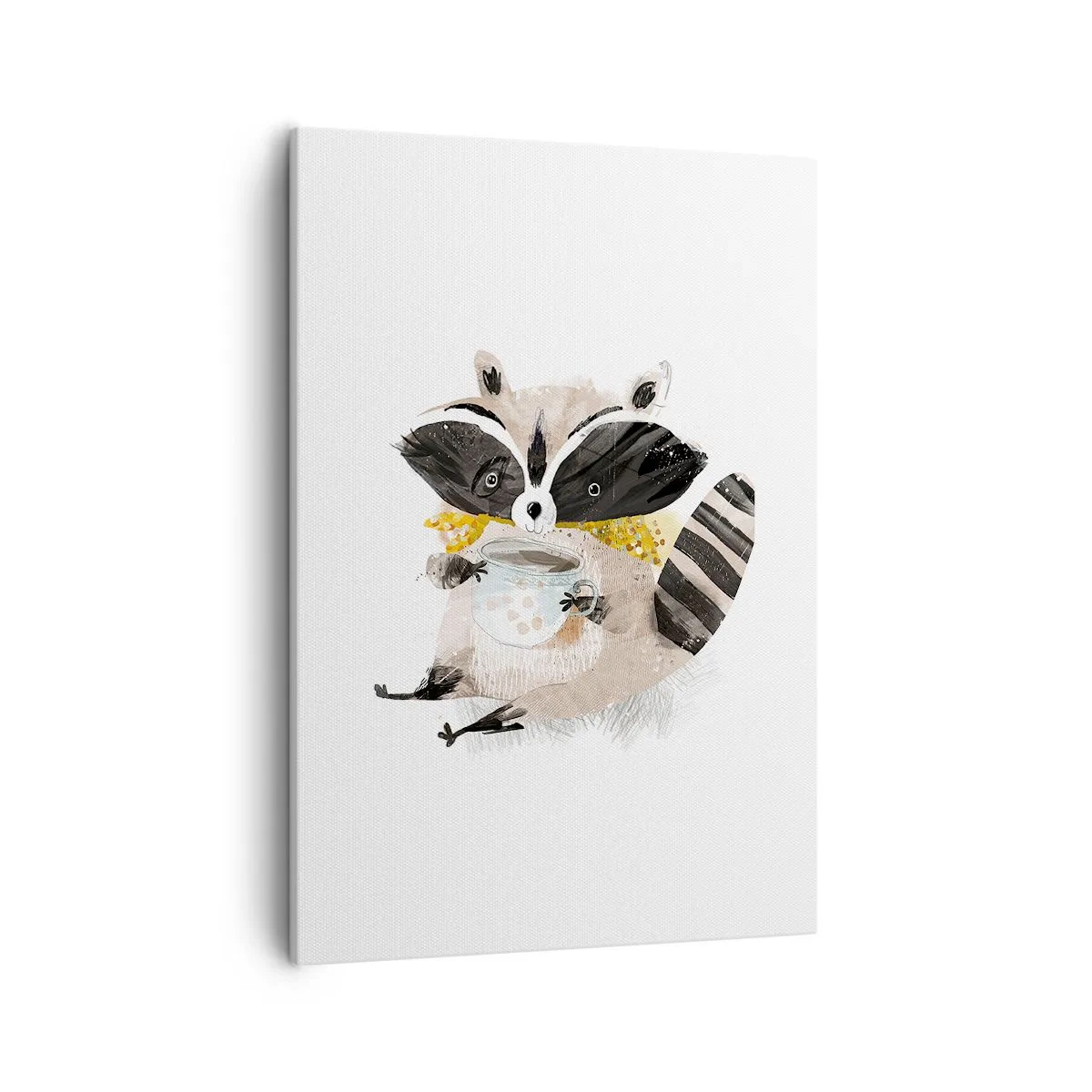 Bild auf Leinwand - Leinwandbild - Entzückender Waschbär mit einer pastellfarbenen Tasse - 50x70cm - Mein Freund der Waschbär - Moderne Wanddekoration für Wohnzimmer und Schlafzimmer ARTTOR