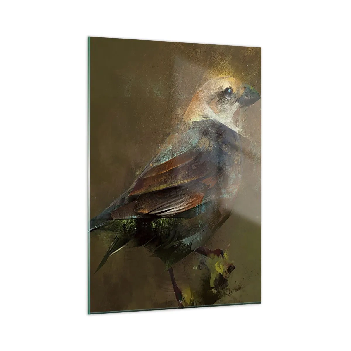 Glasbild - Bild auf glas - Ein Spatz in künstlerischem, malerischem Stil vor neutralem Hintergrund - 50x70cm - Ein Spatz, ein kleines Vögelchen - Moderne Wanddekoration für Wohnzimmer und Schlafzimmer ARTTOR