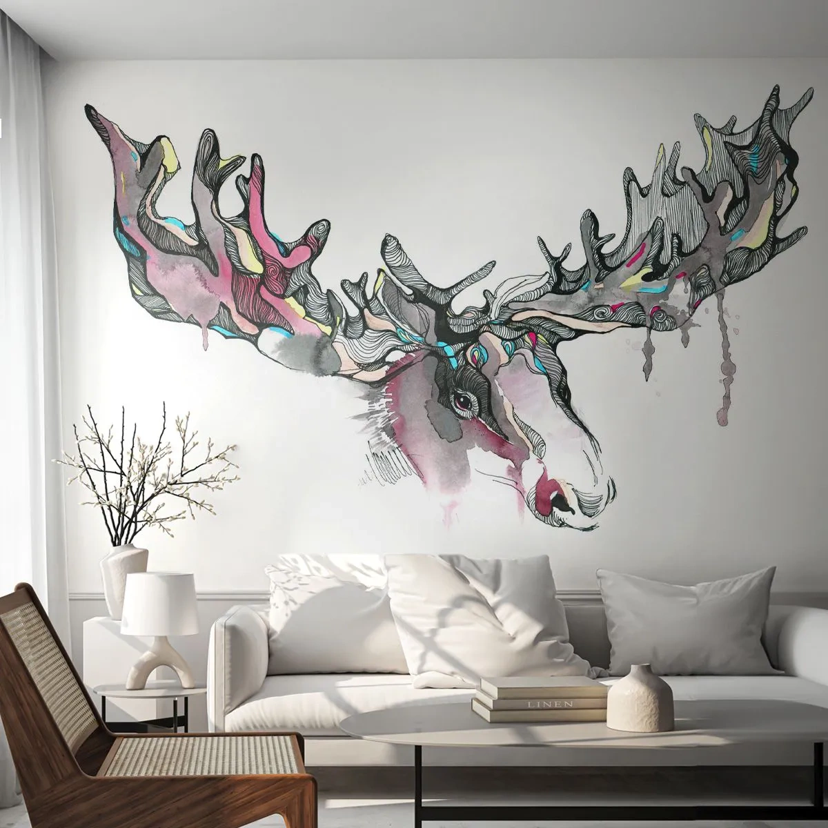Fototapete Premium Sand - Künstlerischer Hirsch mit ausgedehntem Geweih - 100x70cm - Krone des Waldkönigs - Moderne Wanddekoration für Wohnzimmer und Schlafzimmer ARTTOR