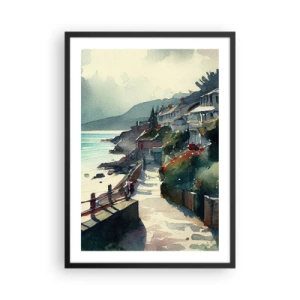 Poster in einem schwarzem Rahmen - Ein malerischer Küstenweg im Aquarellstil - 50x70cm - Mittelmeerstadt - Moderne Wanddekoration für Wohnzimmer und Schlafzimmer ARTTOR