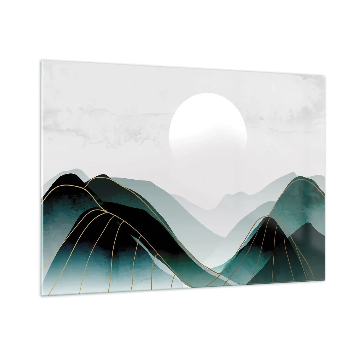 Glasbild - Bild auf glas - Berglandschaft mit weißer Sonne und goldenen Linien - 100x70cm - In voller Majestät - Moderne Wanddekoration für Wohnzimmer und Schlafzimmer ARTTOR