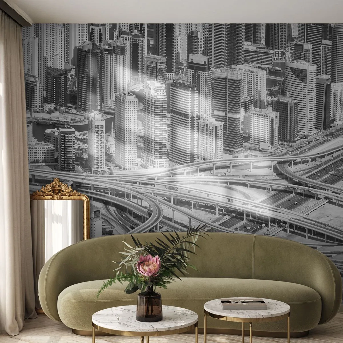 Fototapete Premium Sand - Ein Panorama der Stadt mit Wolkenkratzern und einem dynamischen Autobahnsystem - 100x70cm - Dubai - die unmögliche Stadt - Moderne Wanddekoration für Wohnzimmer und Schlafzimmer ARTTOR