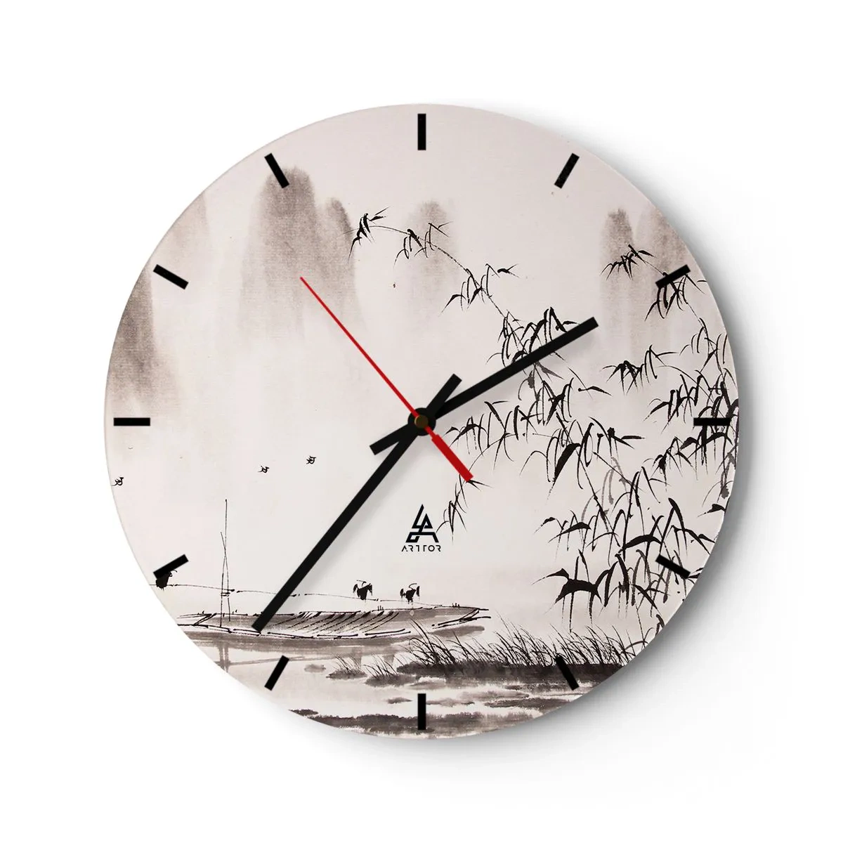 Wanduhr - Glasuhr - Eine minimalistische Landschaft mit Bambus, einem Boot und Vögeln in Schwarzweiß. - 30x30cm - Die Stille der Reisfelder - Moderne Wanddekoration für Wohnzimmer, Küche und Schlafzimmer ARTTOR