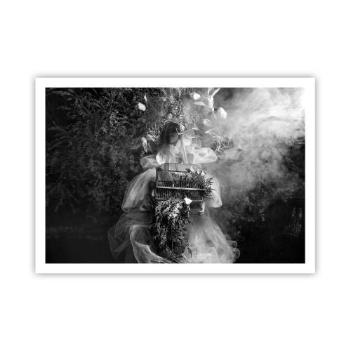 Poster - Eine Schwarz-Weiß-Komposition mit einer Figur in einem Kleid und einem Käfig im Nebel. - 100x70cm - Mutter selbst - Natur - Moderne Wanddekoration für Wohnzimmer und Schlafzimmer ARTTOR