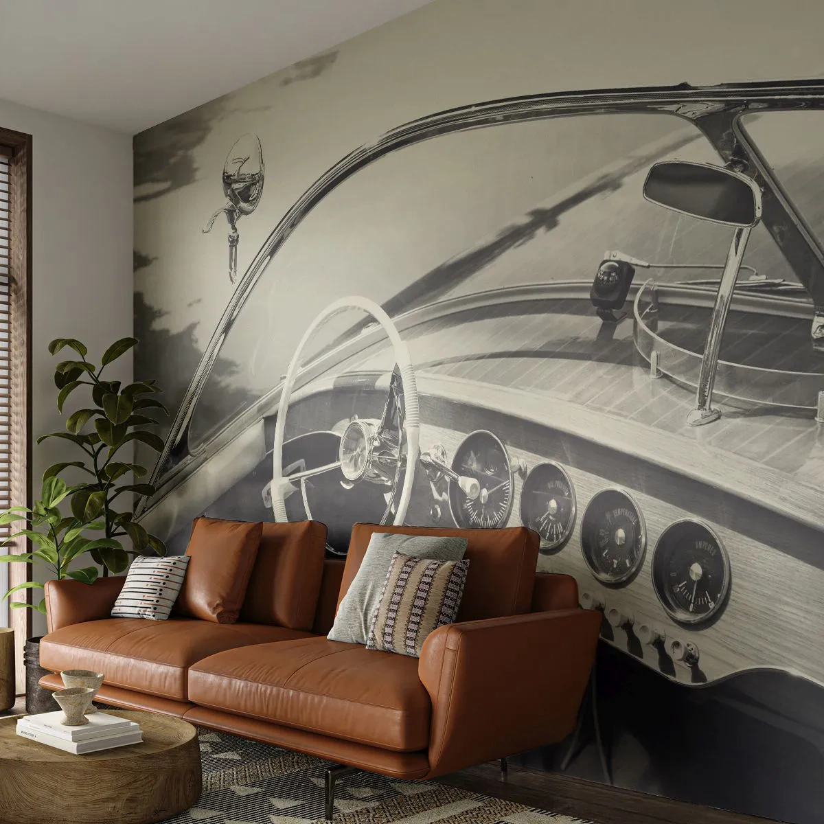 Fototapete Premium Sand - Wetter für die Reichen - Vintage-Boot, Motorboot, Schwarz und weiß - 500x350 cm