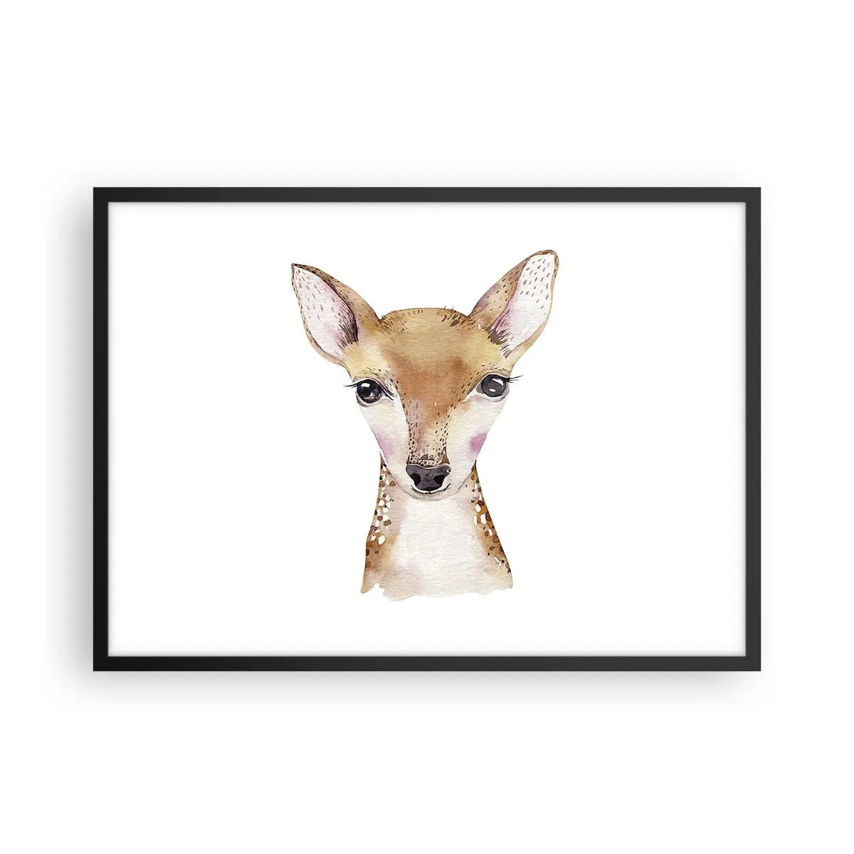 Poster in einem schwarzem Rahmen - Aquarellporträt eines jungen Rehs auf weißem Hintergrund - 70x50cm - Die Natur der Unschuld - Moderne Wanddekoration für Wohnzimmer und Schlafzimmer ARTTOR