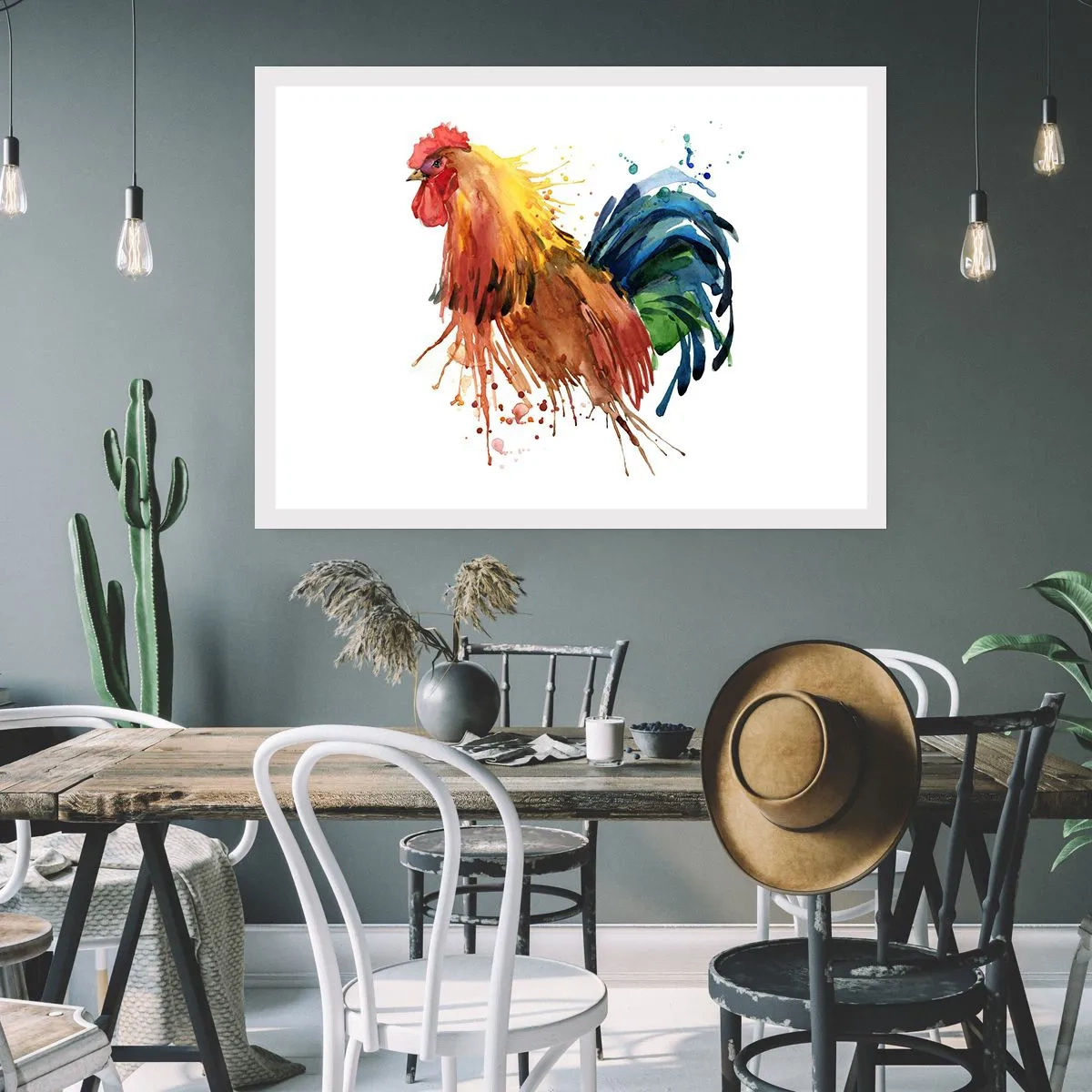 Poster - Bunter Hahn im Aquarellstil - 100x70cm - Königliches Gewand, königlicher Stolz - Moderne Wanddekoration für Wohnzimmer und Schlafzimmer ARTTOR