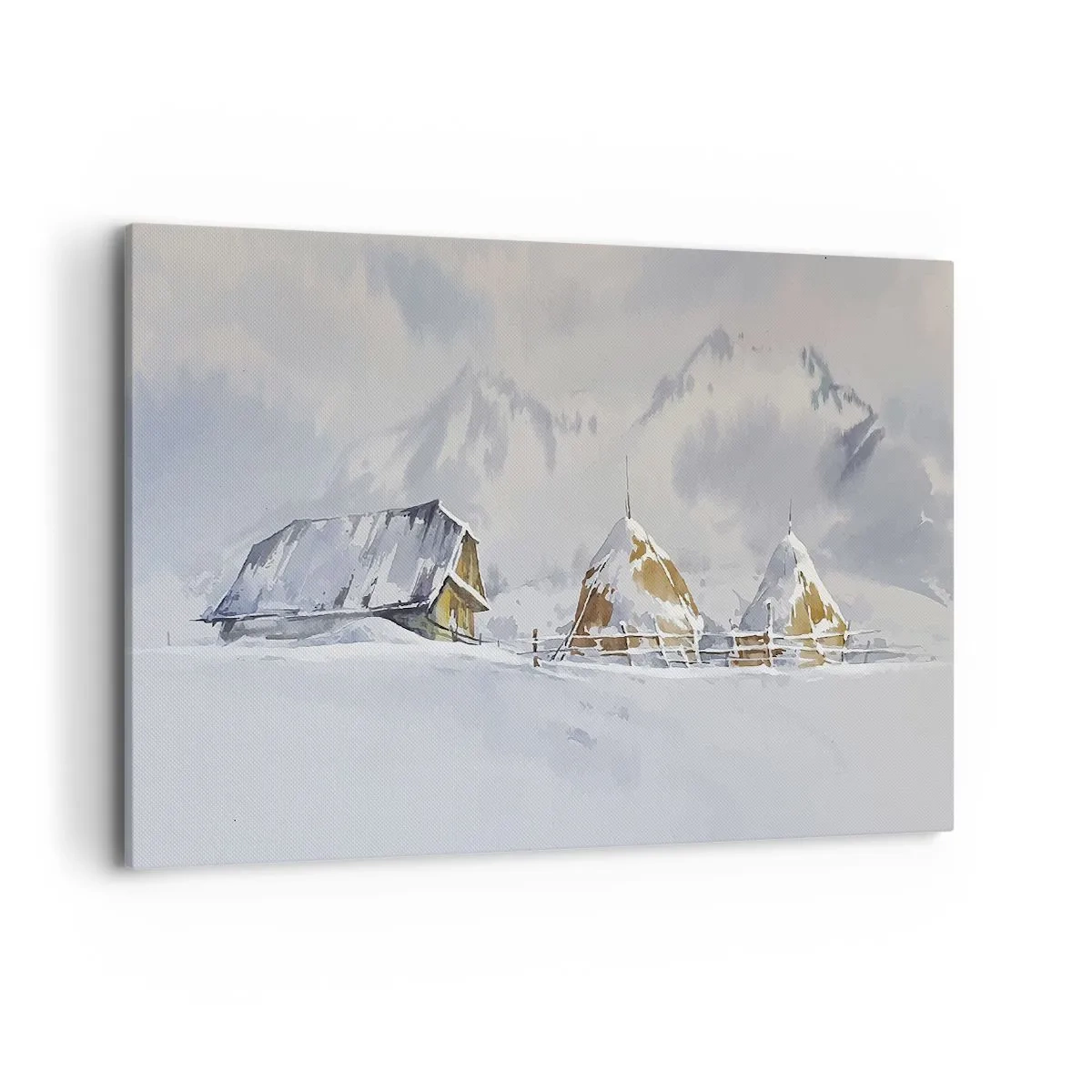 Bild auf Leinwand - Leinwandbild - Winterlandschaft mit Hütte und Heuhaufen in den Bergen - 120x80cm - In einem verschneiten Talkessel - Moderne Wanddekoration für Wohnzimmer und Schlafzimmer ARTTOR