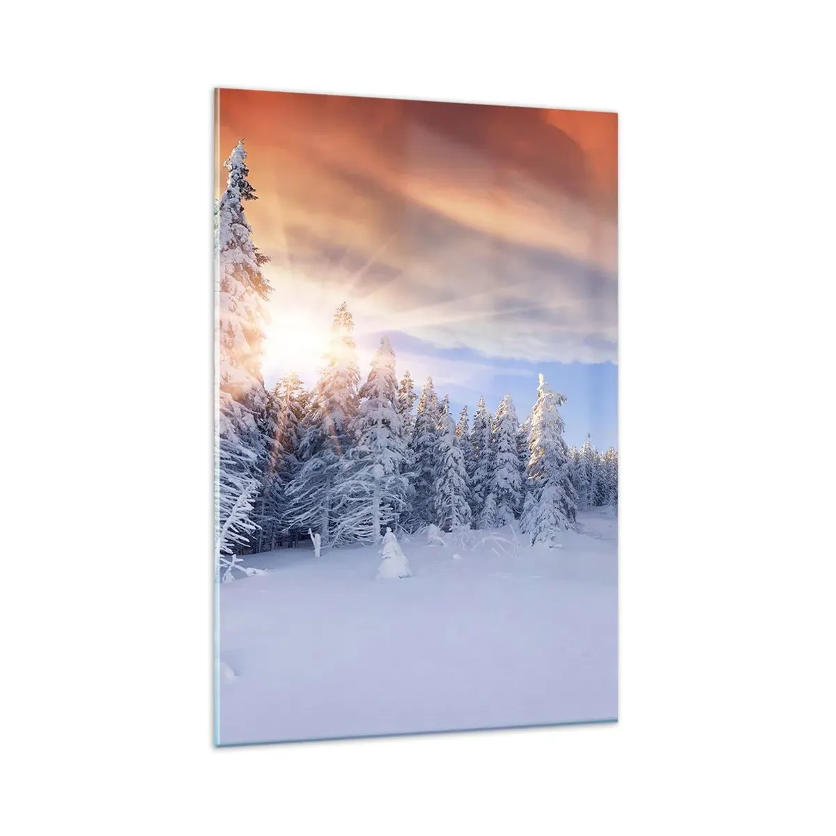 Glasbild - Bild auf glas - Winterlandschaft mit schneebedecktem Wald bei Sonnenuntergang - 80x120cm - Ein verschneites Naturschauspiel - Moderne Wanddekoration für Wohnzimmer und Schlafzimmer ARTTOR