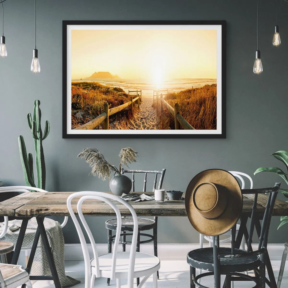 Poster in einem schwarzem Rahmen - Weg zum Strand bei goldenem Sonnenuntergang - 70x50cm - Über die Düne, der Sonne entgegen - Moderne Wanddekoration für Wohnzimmer und Schlafzimmer ARTTOR