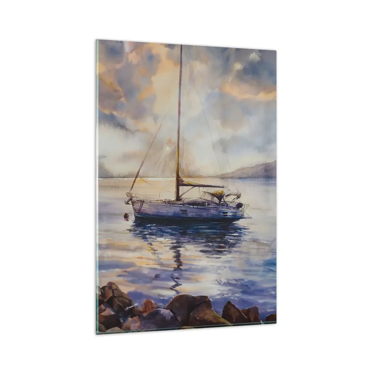Glasbild - Bild auf glas - Eine Yacht auf ruhigem Meer bei Sonnenuntergang - 80x120cm - Abend in der Bucht - Moderne Wanddekoration für Wohnzimmer und Schlafzimmer ARTTOR