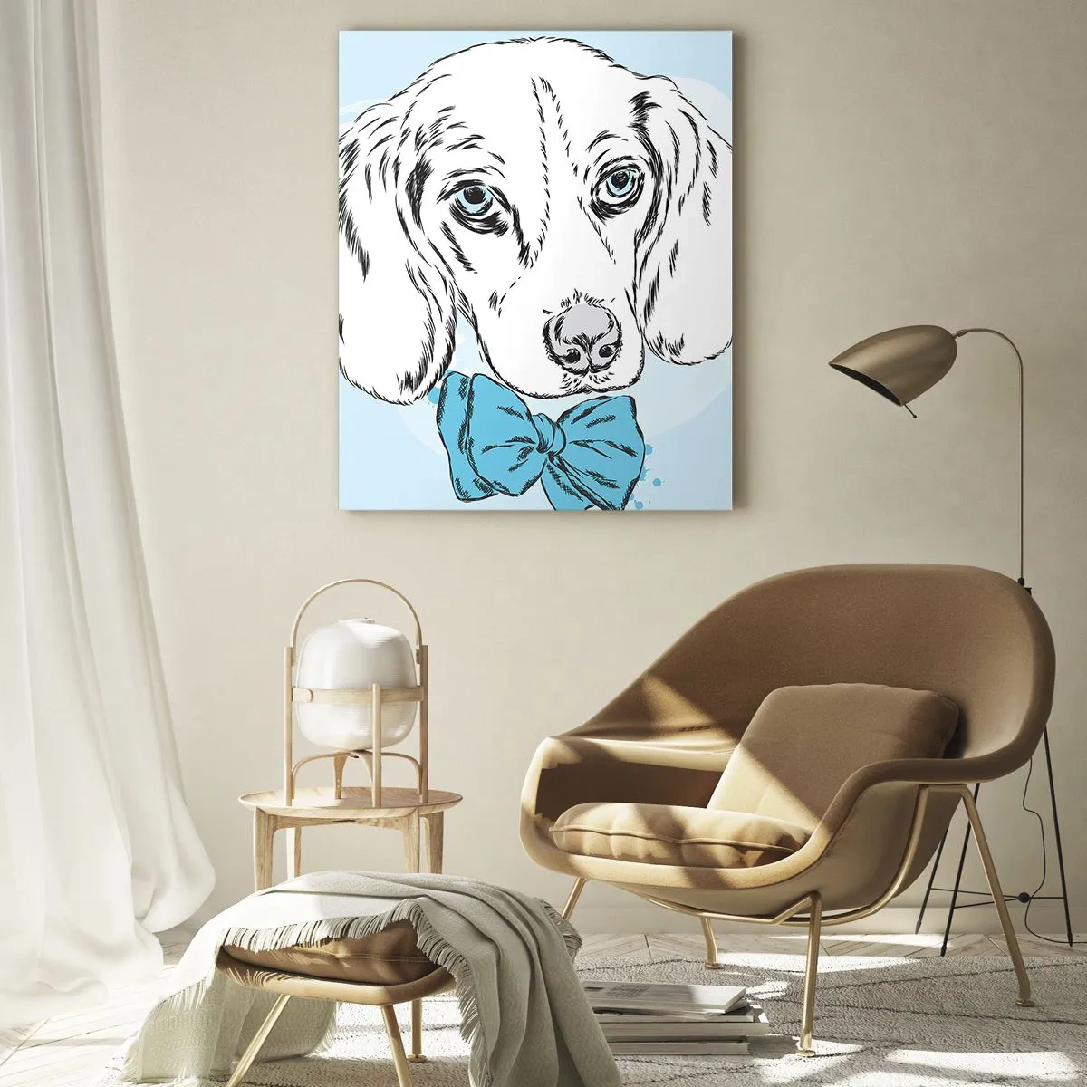Glasbild - Bild auf glas - Entzückende Grafik eines Hundes mit Fliege auf pastellfarbenem Hintergrund - 70x100cm - Hunde-Eleganz - Moderne Wanddekoration für Wohnzimmer und Schlafzimmer ARTTOR
